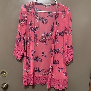 Jolt Pink Floral Lace Trim Blouse